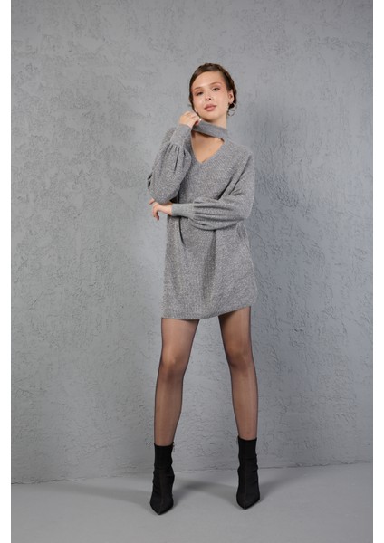 Kadın Gri Simli Selanik Örgü Reglan Balon Kollu Choker Yaka Triko Kazak