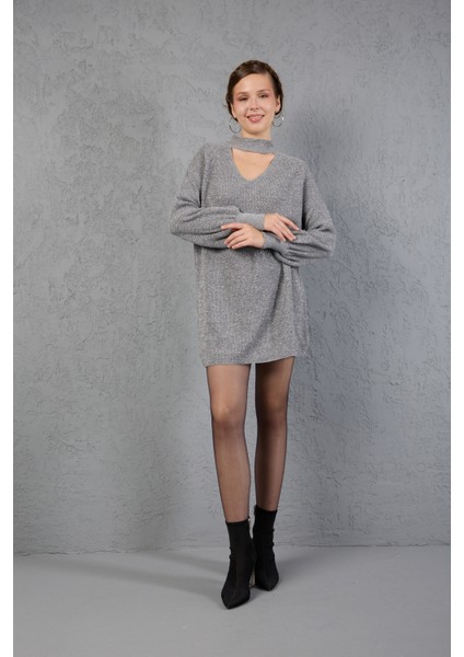 Kadın Gri Simli Selanik Örgü Reglan Balon Kollu Choker Yaka Triko Kazak fiyatları