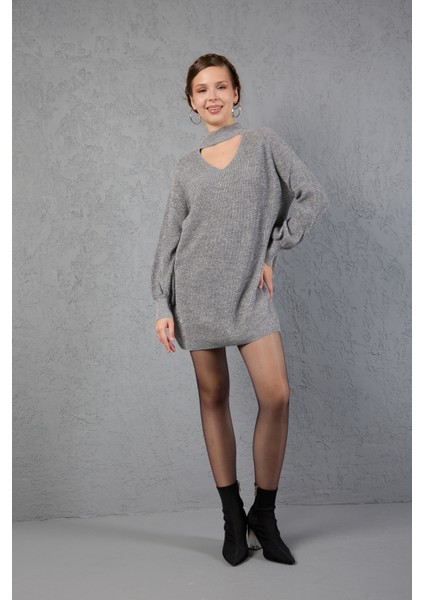 Kadın Gri Simli Selanik Örgü Reglan Balon Kollu Choker Yaka Triko Kazak modelleri