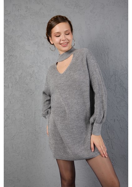 Kadın Gri Simli Selanik Örgü Reglan Balon Kollu Choker Yaka Triko Kazak fırsatları