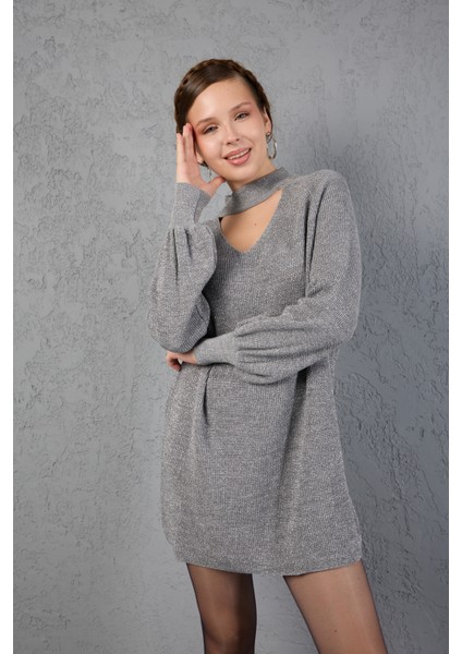 Kadın Gri Simli Selanik Örgü Reglan Balon Kollu Choker Yaka Triko Kazak indirimleri