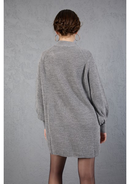 Kadın Gri Simli Selanik Örgü Reglan Balon Kollu Choker Yaka Triko Kazak