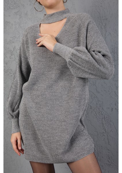 Kadın Gri Simli Selanik Örgü Reglan Balon Kollu Choker Yaka Triko Kazak