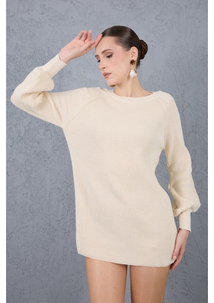 Reglan Balon Kollu Bisiklet Yaka Simli Triko Kazak