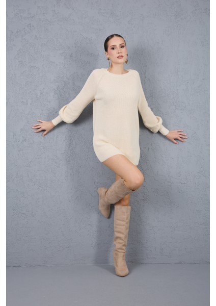 Reglan Balon Kollu Bisiklet Yaka Simli Triko Kazak