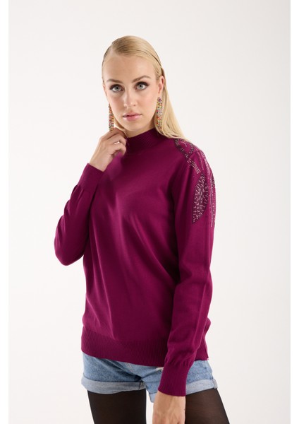 Kadın Mürdüm Elit Viskon Kumaş Taş Detaylı Omuzlar Yarım Balıkçı Yaka Triko Bluz fiyatları