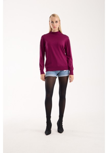 Kadın Mürdüm Elit Viskon Kumaş Taş Detaylı Omuzlar Yarım Balıkçı Yaka Triko Bluz