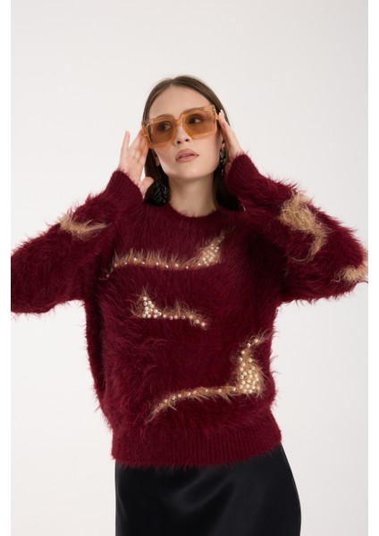 Kadın Bordo Sakal Iplik Inci Detaylı Bisiklet Yaka Triko Kazak