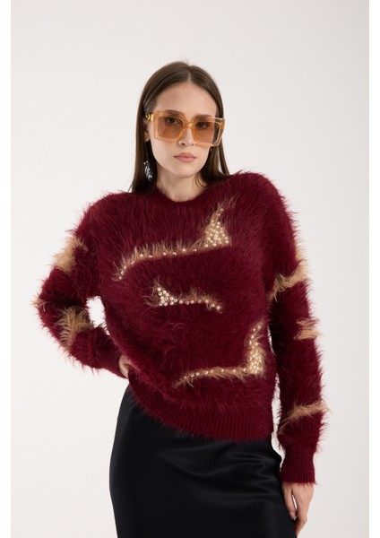 Kadın Bordo Sakal Iplik Inci Detaylı Bisiklet Yaka Triko Kazak fiyatları