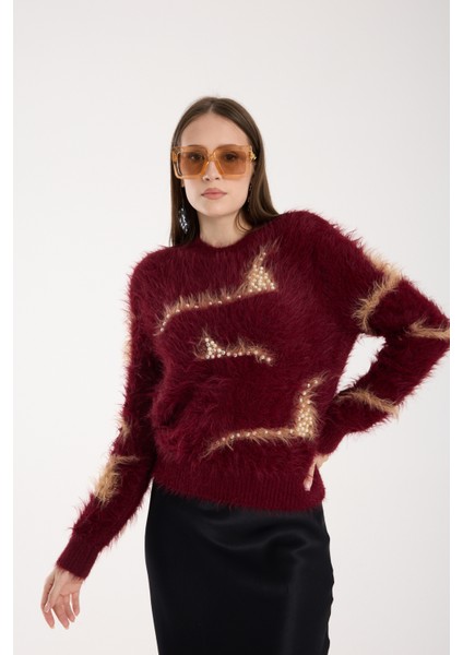 Kadın Bordo Sakal Iplik Inci Detaylı Bisiklet Yaka Triko Kazak modelleri