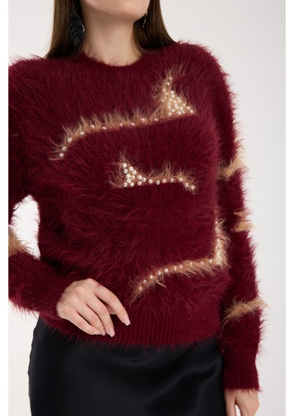 Kadın Bordo Sakal Iplik Inci Detaylı Bisiklet Yaka Triko Kazak fırsatları