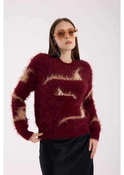 Kadın Bordo Sakal Iplik Inci Detaylı Bisiklet Yaka Triko Kazak indirimleri
