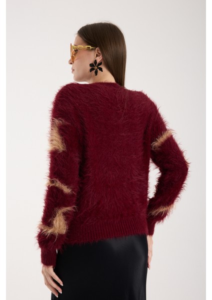 Kadın Bordo Sakal Iplik Inci Detaylı Bisiklet Yaka Triko Kazak