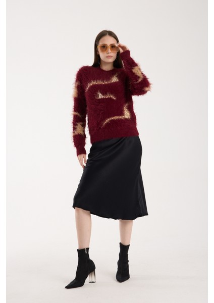 Kadın Bordo Sakal Iplik Inci Detaylı Bisiklet Yaka Triko Kazak