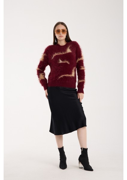 Kadın Bordo Sakal Iplik Inci Detaylı Bisiklet Yaka Triko Kazak