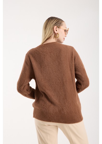 Kadın Taba Sakal Iplik Boncuk Nakışlı Bisiklet Yaka Triko Kazak indirimleri