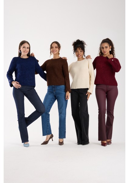 Kadın Ekru Reglan Kol ve Tek Düğmeli Manşetler Bisiklet Yaka Simli Triko Kazak