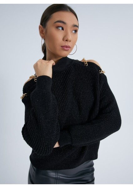 Omuz Zincirli Örme Simli Triko Kadın Kazak Siyah