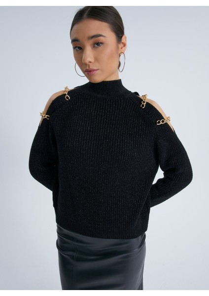 Omuz Zincirli Örme Simli Triko Kadın Kazak Siyah fiyatları