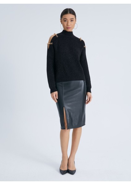 Omuz Zincirli Örme Simli Triko Kadın Kazak Siyah fırsatları