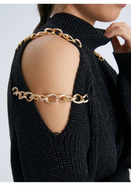 Omuz Zincirli Örme Simli Triko Kadın Kazak Siyah