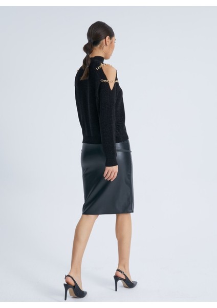 Omuz Zincirli Örme Simli Triko Kadın Kazak Siyah