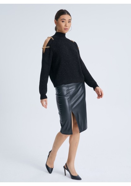 Omuz Zincirli Örme Simli Triko Kadın Kazak Siyah
