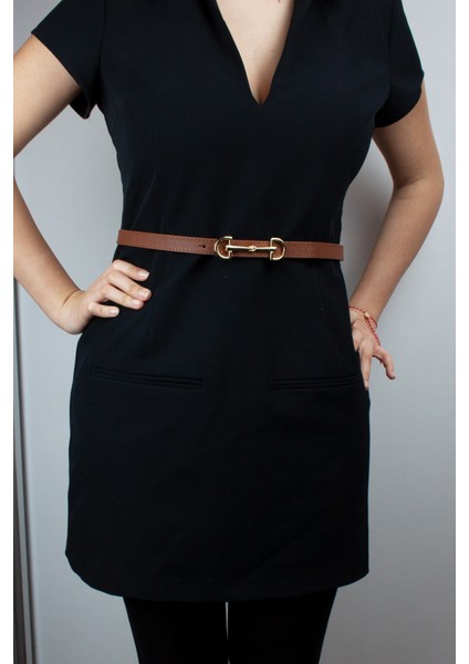 Gold Metal Tokalı Ince Vegan Deri Kemer