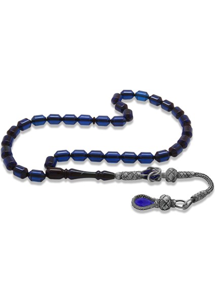 1000 Ayar Gümüş Kazaz Püsküllü Uçlu Kapsül Kesim Lacivert Sıkma Kehribar Tesbih