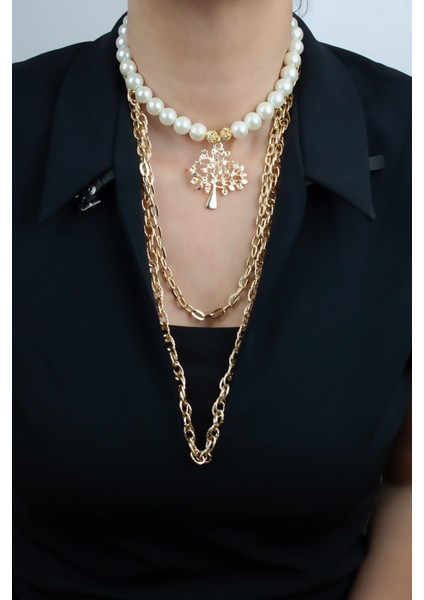 Üç Sıralı Yaşam Ağacı Uçlu Uzun Kolye