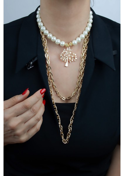 Üç Sıralı Yaşam Ağacı Uçlu Uzun Kolye modelleri