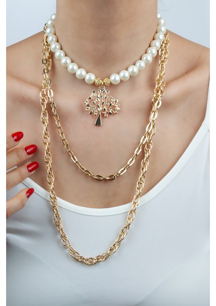 Üç Sıralı Yaşam Ağacı Uçlu Uzun Kolye indirimleri