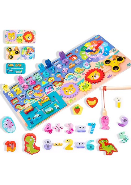 Montessori 8 Fonksiyonlu Ahşap Eğitici Logaritmik Sayı ve Şekil Oyuncak Seti + Balık Tutma Oyunu