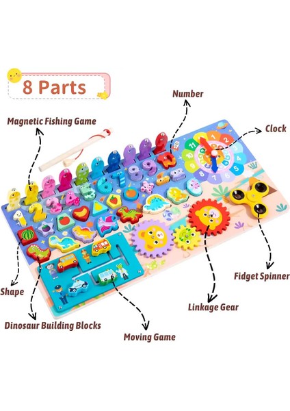 Montessori 8 Fonksiyonlu Ahşap Eğitici Logaritmik Sayı ve Şekil Oyuncak Seti + Balık Tutma Oyunu fırsatları