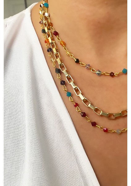 Üç Sıralı Kristal Taşlı Kolye Kombini fiyatları