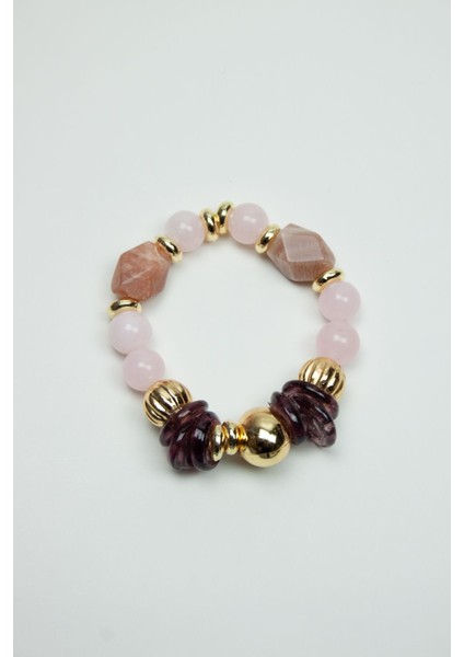 Güneş Taşı Murano Cam ve Pembe Kuvars Doğaltaş Kadın Bileklik