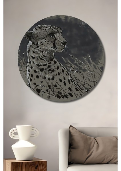 Kara Kalem Görünümlü Çita Ahşap Dekoratif Tablo Yuvarlak Tablo