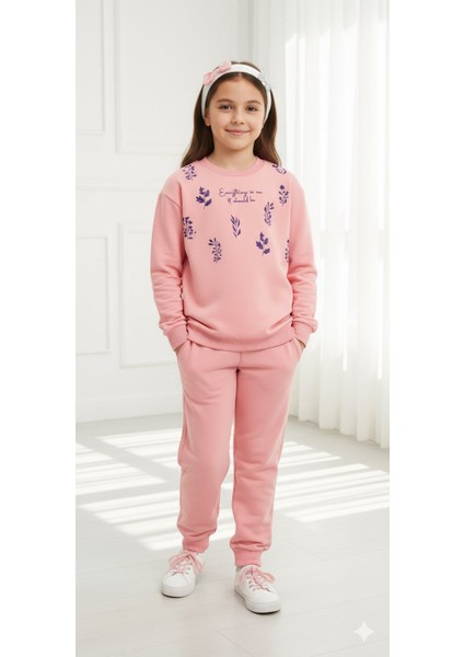 Baskılı Kız Çocuk Eşofman Takımı / %100 Pamuk Günlük Spor Sweatshirt ve Alt I Kız Çocuk Takım