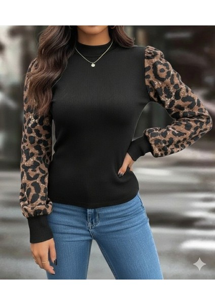 Kadın Uzun Kollu Yarı Balıkçı Yaka Leopar Detaylı Kaşkorse Bluz