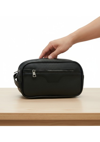 Tıraş Kozmetik Bakım ve Günlük El Çantası Siyah Vegan Deri