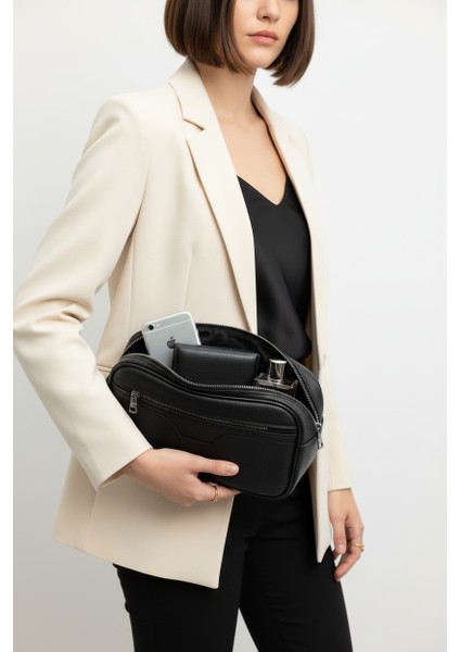 Tıraş Kozmetik Bakım ve Günlük El Çantası Siyah Vegan Deri fırsatları