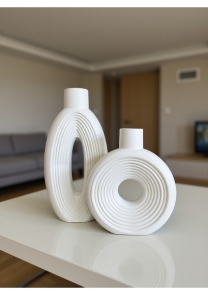 2’li Modern Soft Vazo Seti – Beyaz Oval ve Yuvarlak Dekoratif Takım
