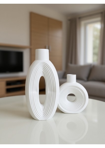 2’li Modern Soft Vazo Seti – Beyaz Oval ve Yuvarlak Dekoratif Takım fiyatları