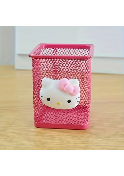 Hello Kitty Figürlü Masa Üstü Metal Kare Model Kalemlik Koyu Pembe