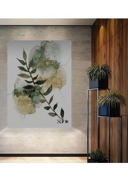 Altın Varaka Sulu Boya Yaprak Dekoratif Ahşap Tablo Dikdörtgen Tablo