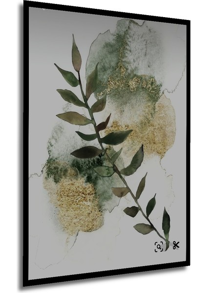 Altın Varaka Sulu Boya Yaprak Dekoratif Ahşap Tablo Dikdörtgen Tablo