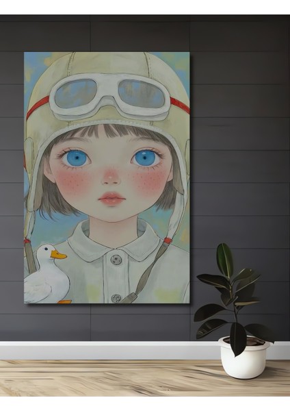 Masum Pilot Kız ve Sevimli Ördek Sulu Boya Görünümlü Ahşap Dekoratif Tablo Dikdörtgen Tablo