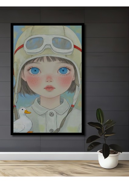 Masum Pilot Kız ve Sevimli Ördek Sulu Boya Görünümlü Ahşap Dekoratif Tablo Dikdörtgen Tablo fiyatları