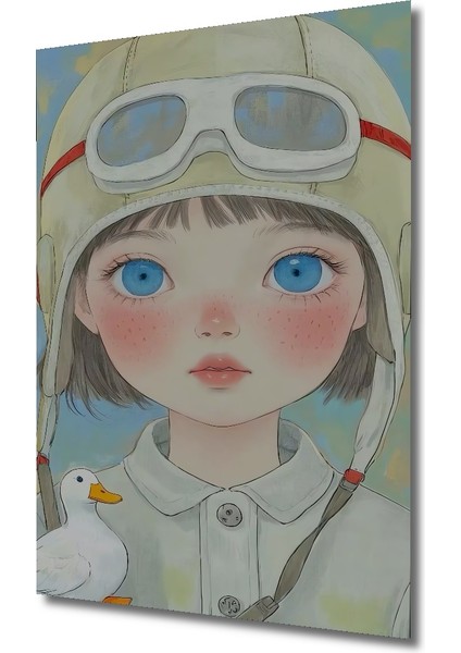 Masum Pilot Kız ve Sevimli Ördek Sulu Boya Görünümlü Ahşap Dekoratif Tablo Dikdörtgen Tablo modelleri