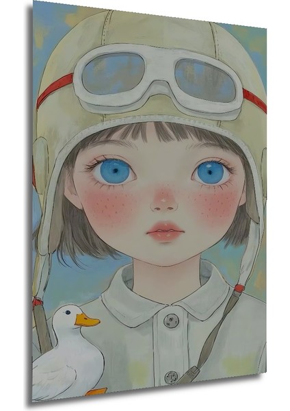 Masum Pilot Kız ve Sevimli Ördek Sulu Boya Görünümlü Ahşap Dekoratif Tablo Dikdörtgen Tablo fırsatları